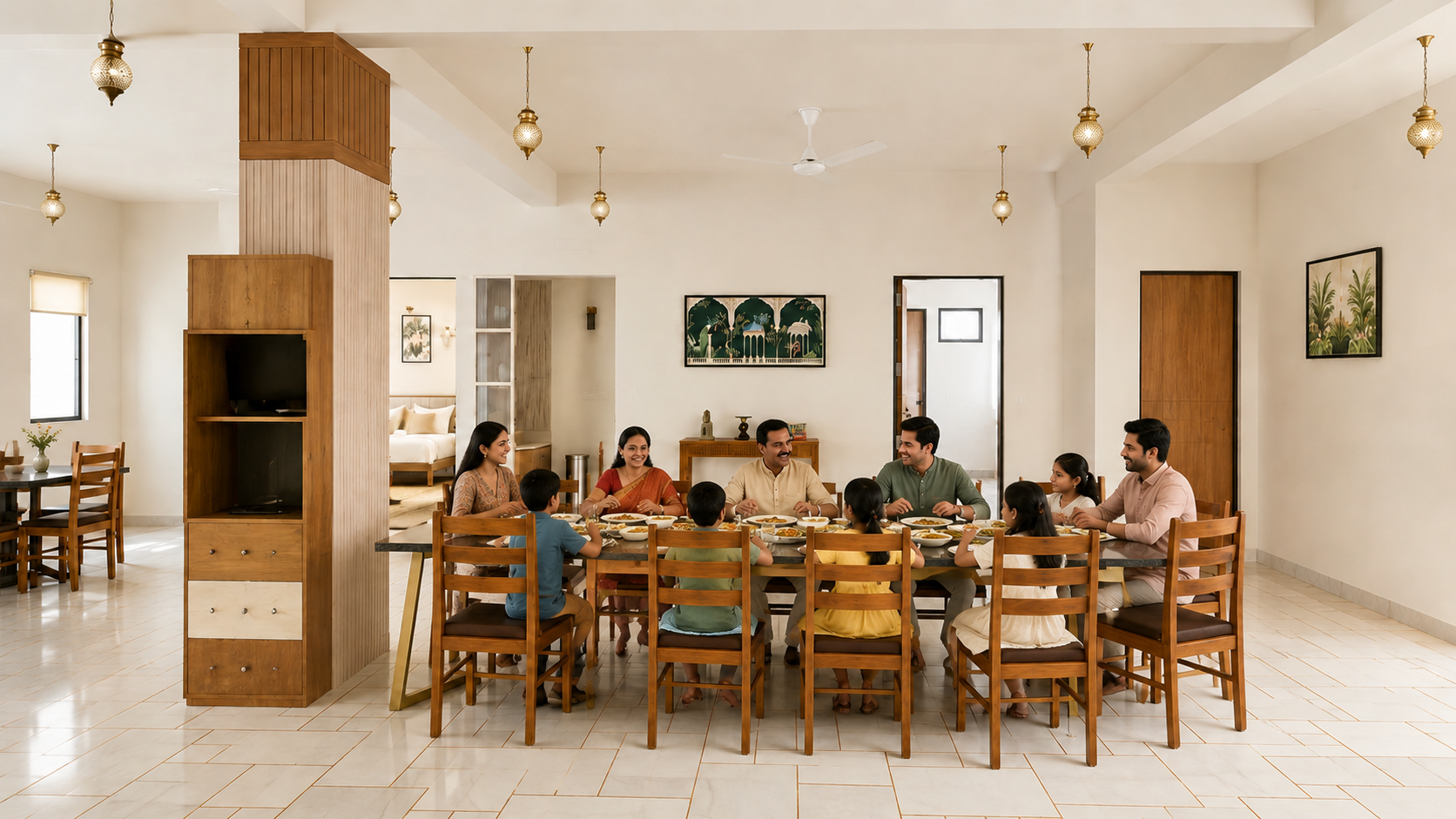Family enjoying a home-cooked meal together at Shree Niwas homestay, Udaipur