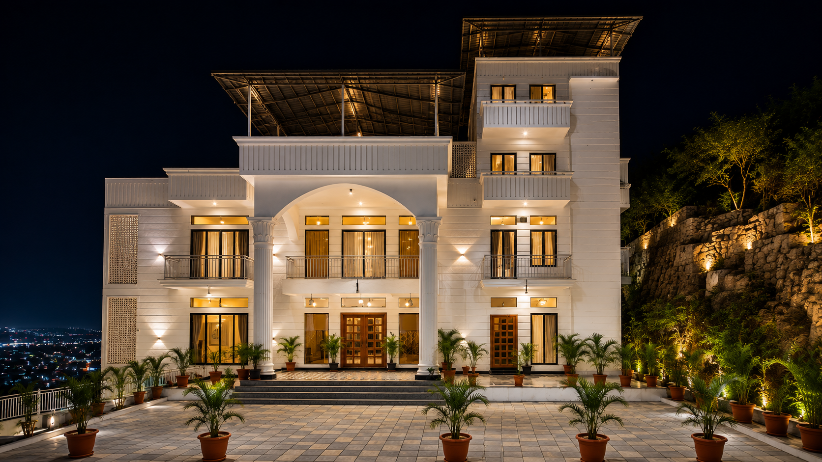 Shree Niwas homestay building lit up at night, Titardi, Udaipur